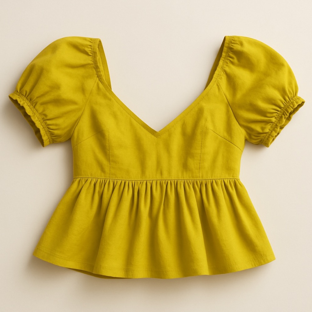 American Eagle Outfitters gold Puff Sleeve Peplum linen Blouse medium